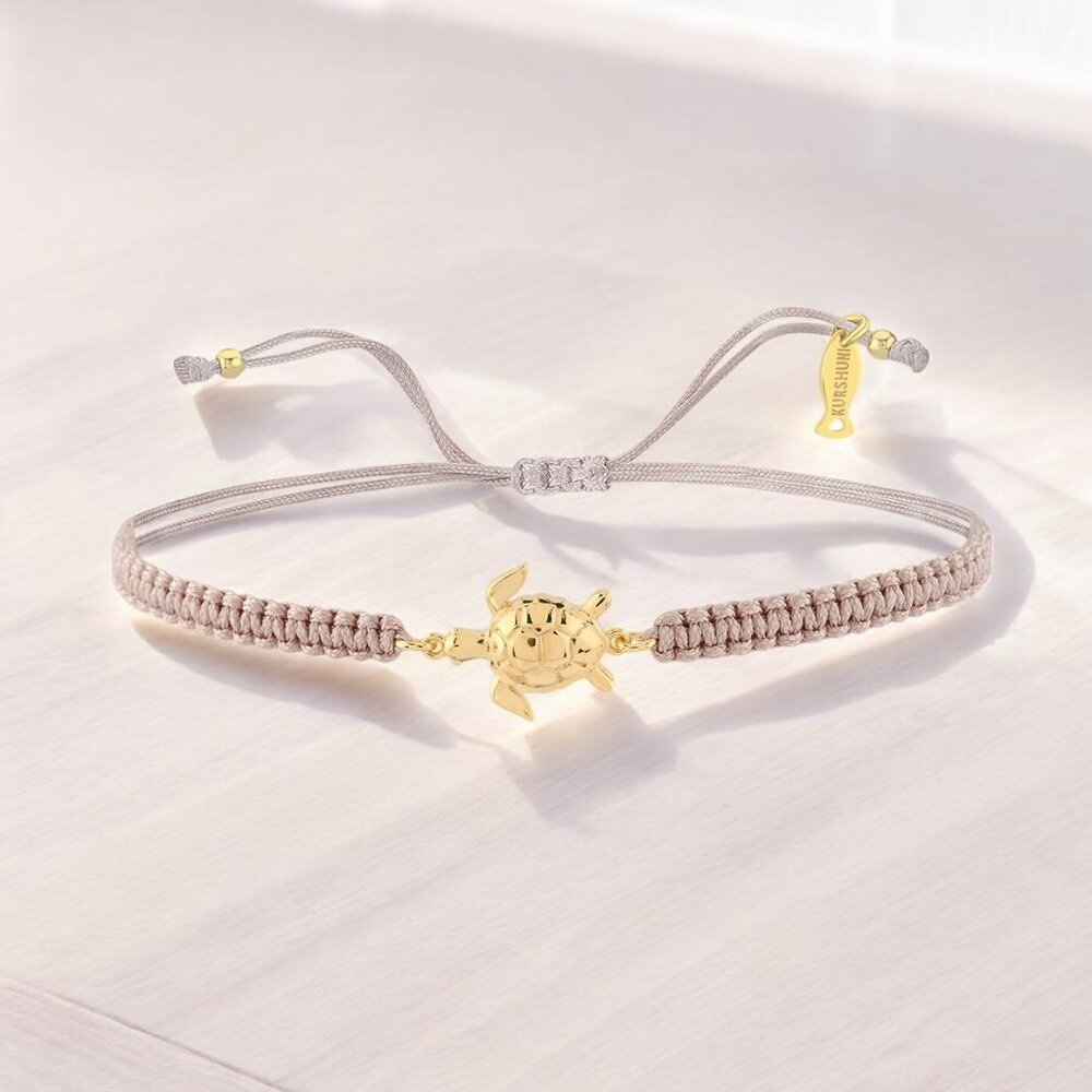 Taupe Cord Turtle Bracelet in 24kt Yellow Gold Plated 925 Sterling Silver